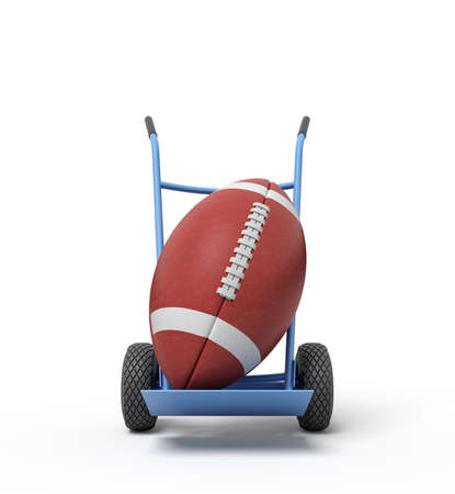 3d rendering of big brown gridiron ball on blue hand truck. American football. Sporting equipment. Sporting goods.の写真素材