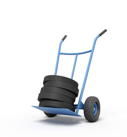 3d rendering of black weight plates on a hand truck isolated on white background. Fitness and workout. Outdoor activities. Sporting goods.の写真素材