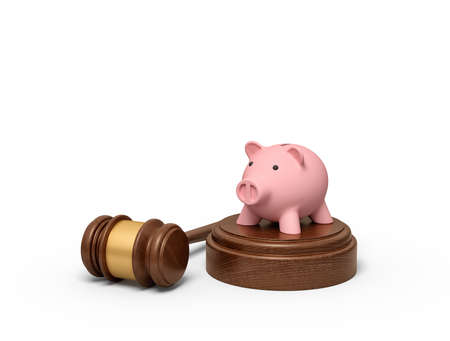 3d rendering of pink piggy bank standing on sounding block with gavel lying beside. Money matters. Lawsuit for money. Auction bids.の写真素材