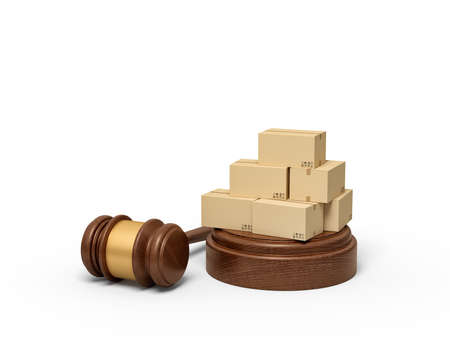 3d rendering of pile of cardboard boxes on sounding block with gavel lying beside.の写真素材