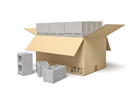 3d rendering of cardboard box full of gray hollow bricks.の写真素材
