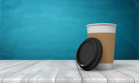 3d rendering of paper coffee cup on white wooden floor and dark turquoise backgroundの写真素材
