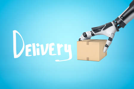 3d rendering of robotic hand holding cardboard box with Delivery sign on blue backgroundの写真素材