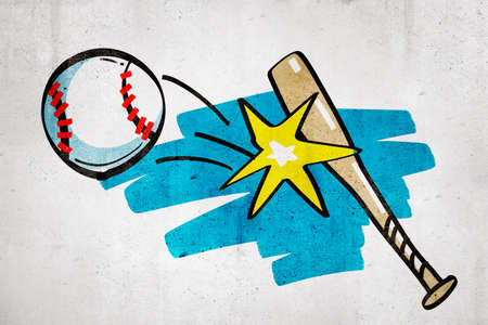 3d rendering of cartoon baseball bat hitting baseball ball on white wall backgroundの写真素材