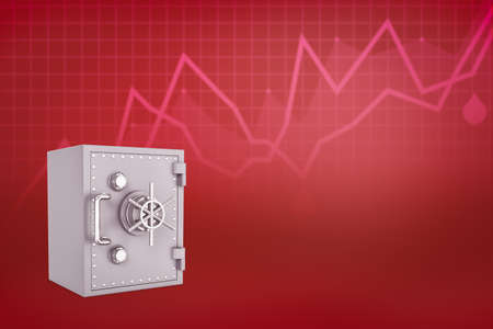 3d rendering of money safe on crimson background with line graphs and copy space.の写真素材