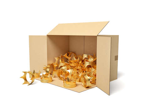 3d rendering of open cardboard box lying sidelong full of golden crowns.の写真素材