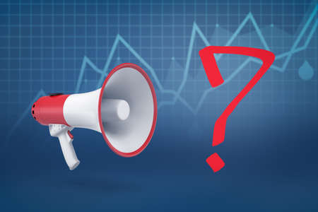 3d rendering of white red megaphone with red question mark on blue diagram backgroundの写真素材