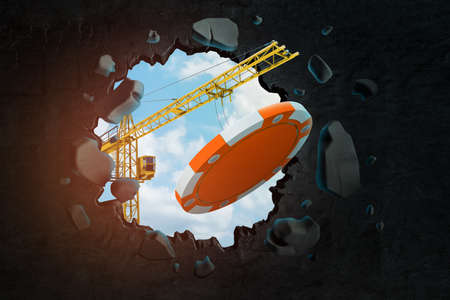 3d rendering of construction crane and orange casino token breaking through black wallの写真素材
