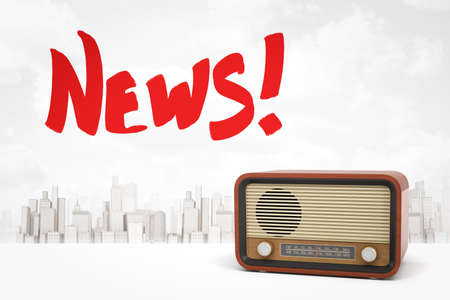 3d rendering of old radio set with red News sign on white city skyscrapers backgroundの写真素材