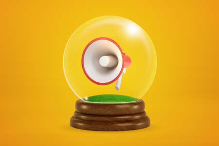 3d rendering of red and white megaphone floating inside snow globe on amber background.の写真素材