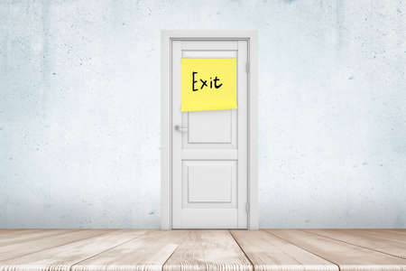 3d rendering of room with wooden floor, white concrete walls and white closed door with yellow note that reads 'Exit'. Architecture and construction. Making choice.の写真素材