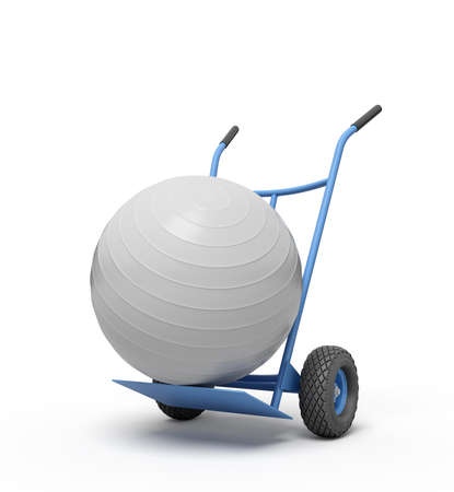 3d rendering of white yoga exercise ball on blue hand truck. Sporting supplies. Exercise equipment. Exercise and fitness store.の写真素材