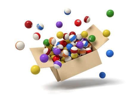 3d rendering of cardboard box in air full of colorful snooker balls which are flying out and floating outside. Sporting goods. Sports equipment. Snooker tournament.の写真素材
