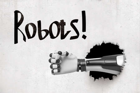 3d rendering of concrete wall with title 'Robots' and robotic hand that has broken through from behind the wall. Modern technology. Robotics. Artificial intelligence.の写真素材