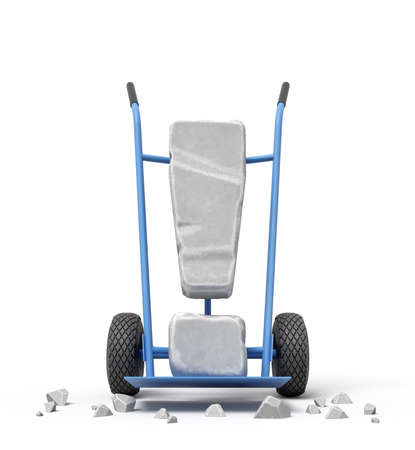 3d rendering of large stone exclamation mark on blue hand truck with big stone crumbs on ground.の写真素材