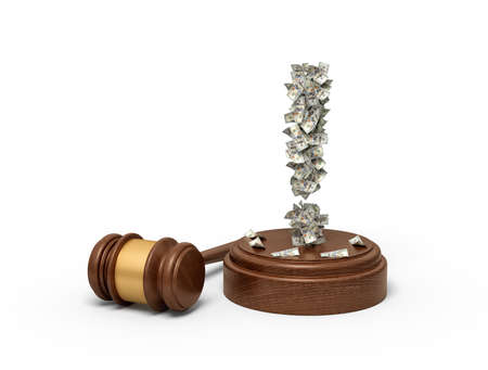 3d rendering of exclamation mark formed with dollar banknotes standing on sounding block with gavel beside.の写真素材