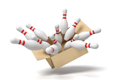 3d rendering of cardboard box full of white bowling pins in mid-airの写真素材