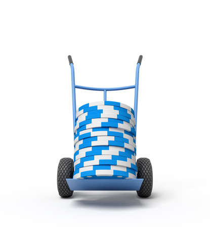 3d rendering of stack of blue and white poker chips on blue hand truck.の写真素材