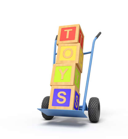 3d rendering of colorful alphabet toy blocks showing TOYS sign on a hand truckの写真素材