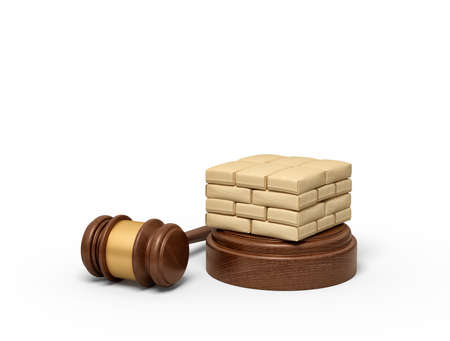 3d rendering of masonry work on round wooden block and brown wooden gavelの写真素材