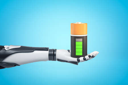 3d rendering of black and white android hand facing up, holding big, almost completely charged battery on light blue background.の写真素材