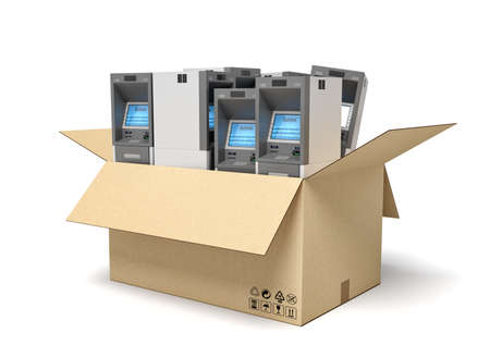 3d rendering of cardboard box full of several ATMs.の写真素材