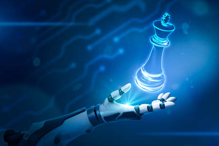 3d rendering of robotic hand and neon chess king on blue backgroundの写真素材