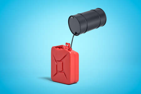 3d rendering of black metal barrel with black liquid pouring into red gasoline can on blue backgroundの写真素材