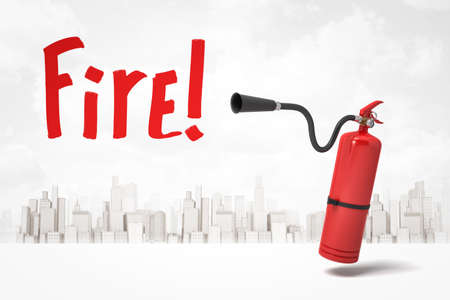 3d rendering of red foam portable fire extinguisher with red Fire sign on white city skyscrapers backgroundの写真素材