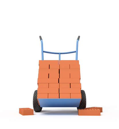 3d rendering of stack of red perforated bricks on blue hand truck with several bricks on ground.の写真素材