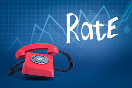3d rendering of ringing red rotary prhone on blurred blue background with line graphs and title...