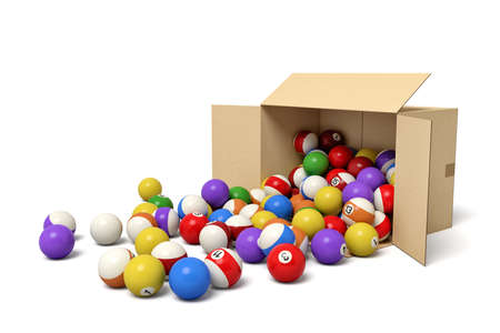 3d rendering of cardboard box lying sidelong with colorful snooker balls inside and in front of it.の写真素材