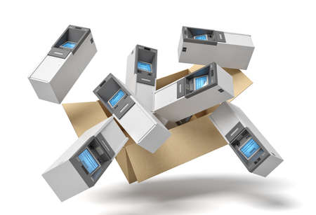 3d rendering of cardboard box in air full of several ATMs which are flying out and floating outside.の写真素材