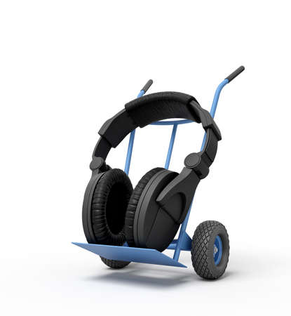 3d rendering of black headphones on a hand truckの写真素材