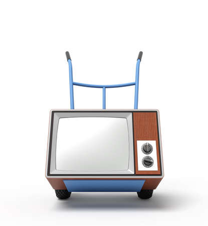 3d rendering of blue hand truck standing in half-turn with brown retro TV set on it.の写真素材