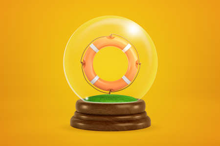 3d rendering of orange lifebuoy floating inside snow globe on amber background.の写真素材