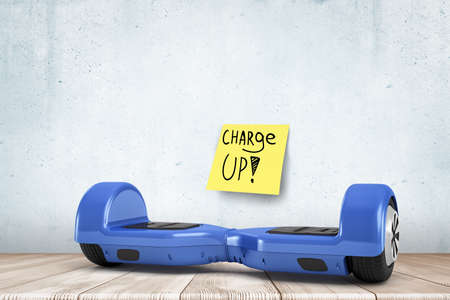 3d rendering of blue hoverboard on white wooden floor with yellow Charge up note on white wall...