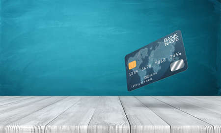 3d rendering of dark blue plastic bank card on white wooden floor and dark turquoise backgroundの写真素材