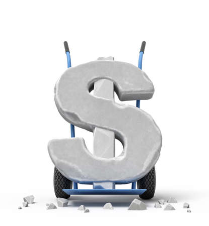 3d rendering of large stone dollar symbol on blue hand truck with big stone crumbs on ground. Dollar strengthens. Dollar price increases. Make money.の写真素材