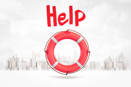 3d rendering of red title Help and red life buoy against background of gray and white modern city.の写真素材