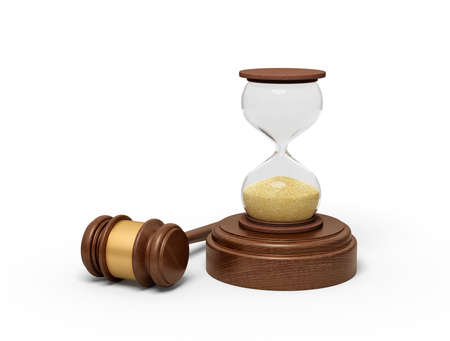 3d rendering of hourglass standing on sounding block with gavel lying beside.