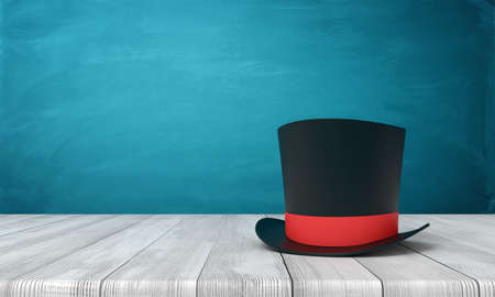 3d rendering of black tophat with red ribbon standing on wooden table near blue wall with copy...