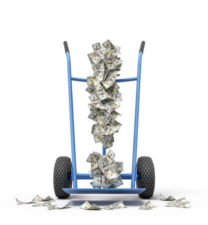 3d rendering of hand truck standing in half-turn with exclamation mark made up of dollar banknotes on it.の写真素材