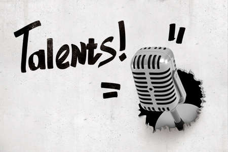 3d rendering of concrete wall with title Talents and metal microphone that has broken through from behind the wall.の写真素材