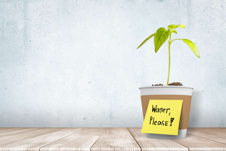 3d rendering of green sprout in pot on white wooden floor with yellow 'Water, please' note. Ecology and environment. Environmental issues. Digital art.の写真素材