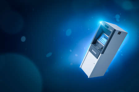 3d rendering of an ATM suspended in air on blue gradient bokeh background with copy space. Security systems. Business and finance. Payment methods.の写真素材
