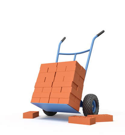 3d rendering of stack of red perforated bricks on blue hand truck with several bricks on ground.の写真素材