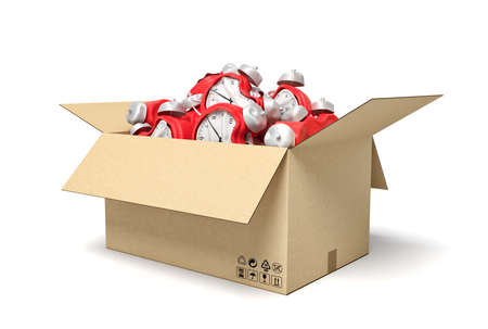 3d rendering of cardboard box full of bent deformed alarm clocks.の写真素材