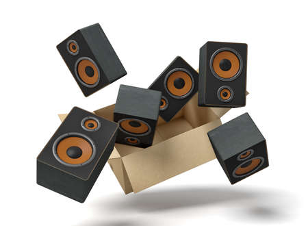 3d rendering of cardboard box in air full of black audio speakers which are flying out and floating outside.の写真素材