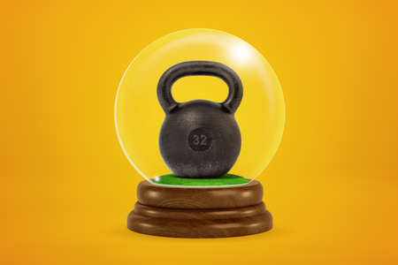 3d rendering of black 32 kg kettlebell inside glass ball globe on amber background.の写真素材